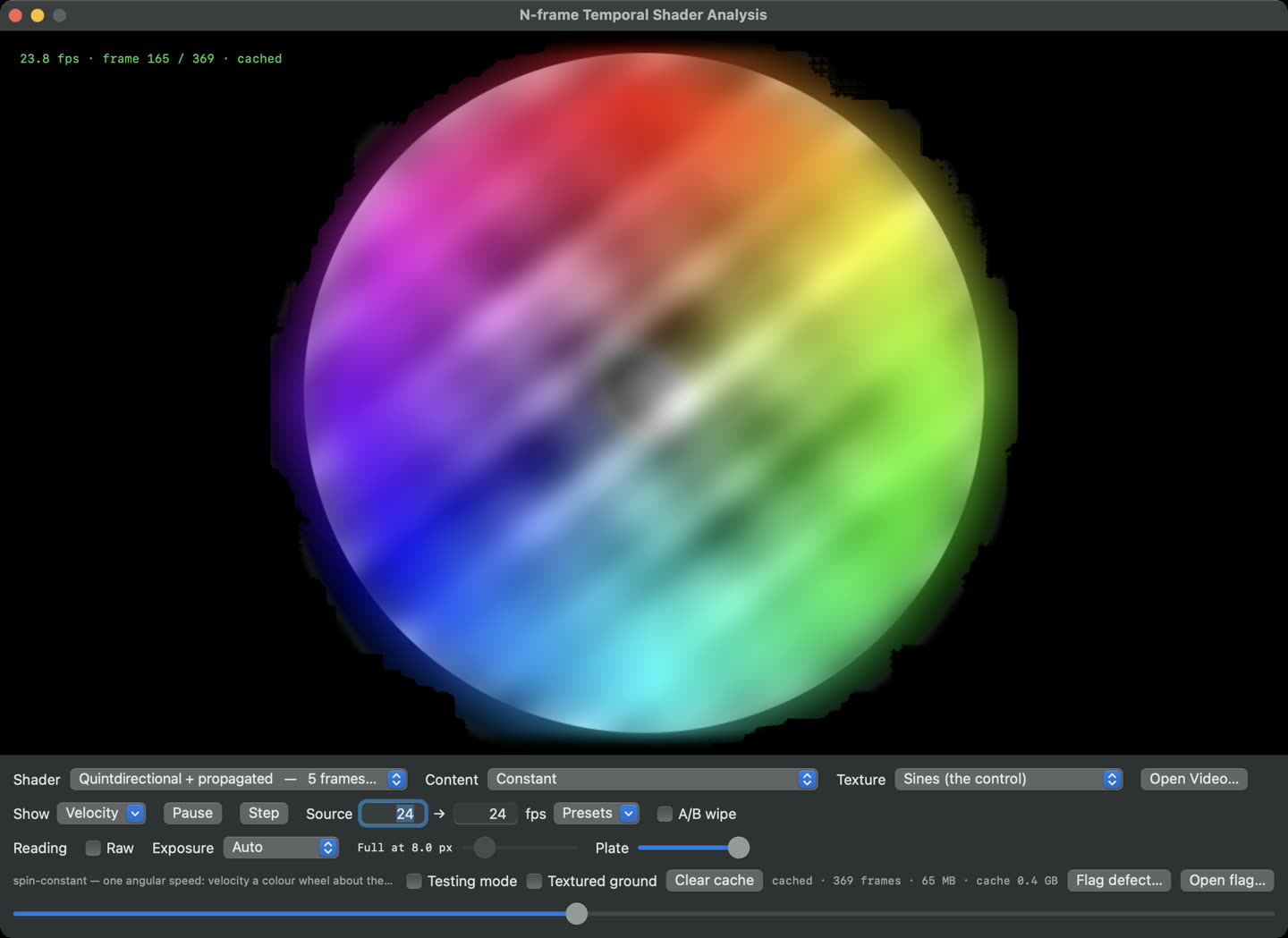 The app showing a spinning disc as a velocity colour wheel