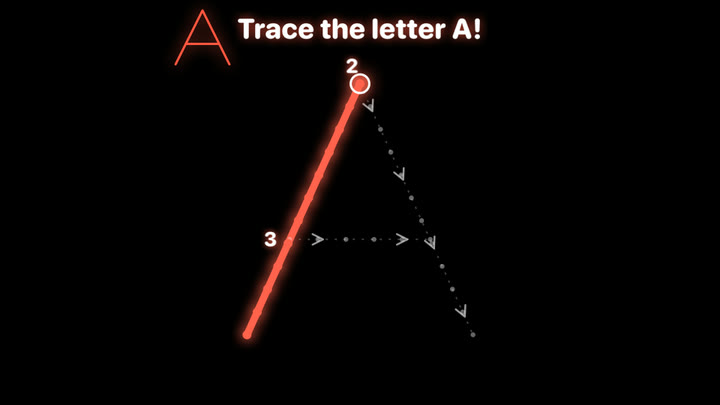 The stage asks: Trace the letter A! The first stroke is drawn in; a ring marks where the second starts, with arrows showing the way