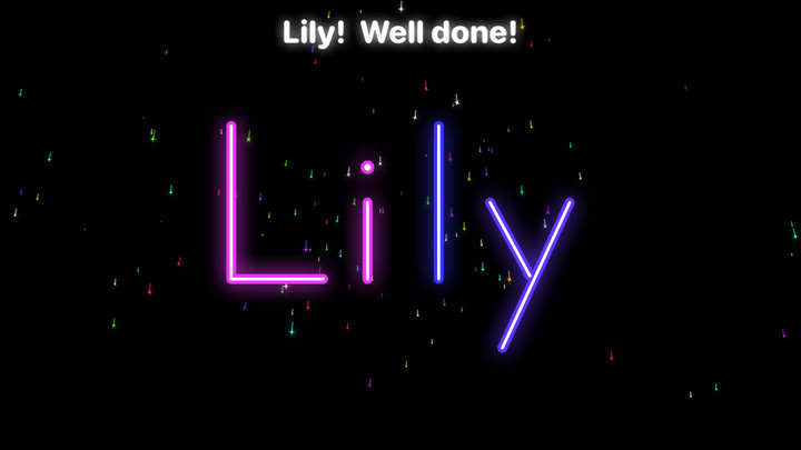 The name Lily in glowing letters, capital L and small i, l, y, with sparks